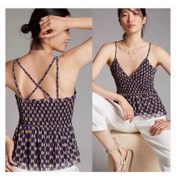 Anthropologie Blue Motif Mesh Polyester Ruffled Pullover V-Neck Tank - Picture 1 of 1